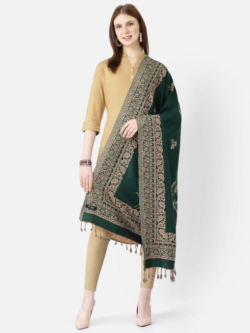 Women's Floral Jamawar Acrylic Border Wool Shawl